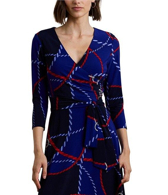 Lauren Ralph Lauren Rope Print Stretch Jersey Surplice V-Neck 3/4 Sleeve Self-Tie Belt A-Line Midi Dress Product Image
