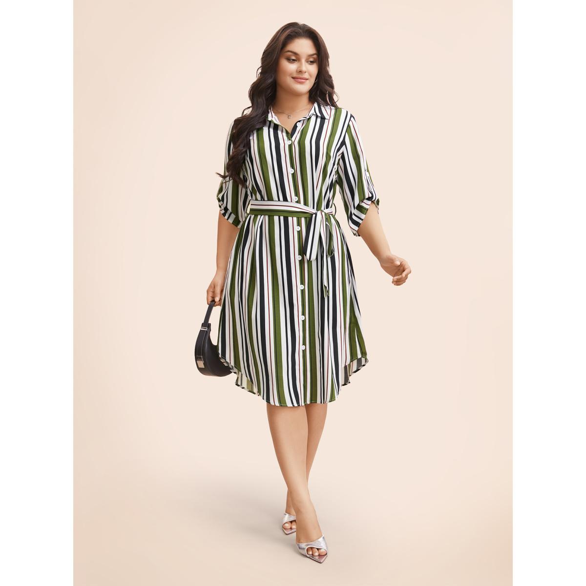 Plus Size Striped Tab Sleeve Arc Hem Dress Multicolor Women Workwear Essentials Belted Shirt collar Elbow-length sleeve Curvy BloomChic 26/4X Product Image
