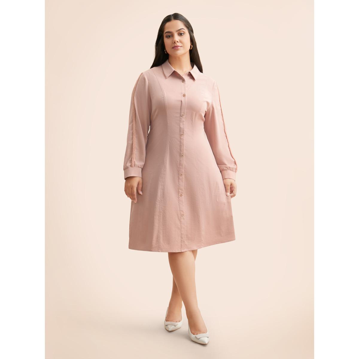 Plus Size Shirt Collar Shirred Woven Ribbon Dress Crepe Women Elegant Woven ribbon&lace trim Shirt collar Long Sleeve Curvy BloomChic 12/L Product Image