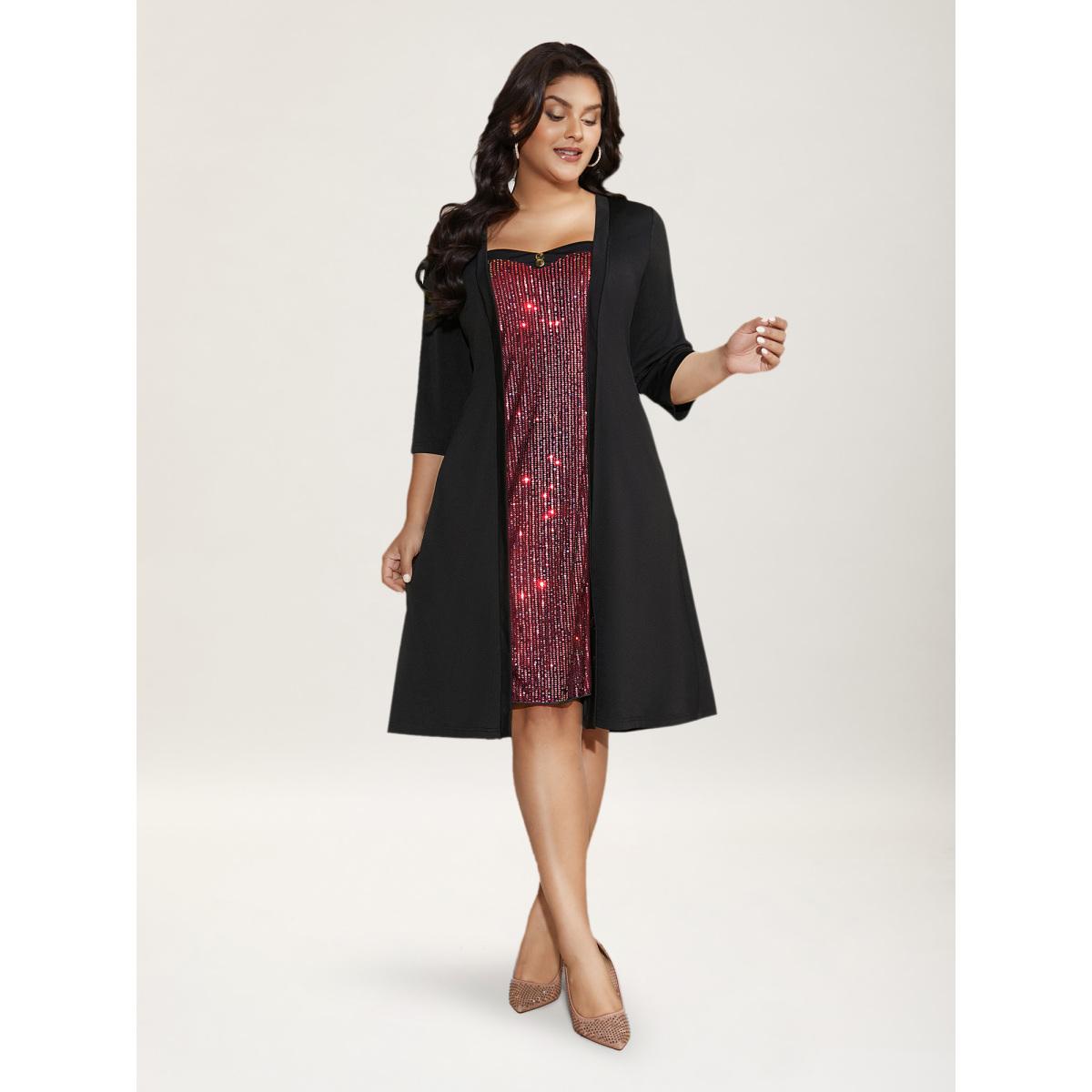 Plus Size Heart Neckline Patchwork Sequin Button Detail Dress Burgundy Women Party&Cocktail Texture Party Curvy Bloomchic 26/4X Product Image