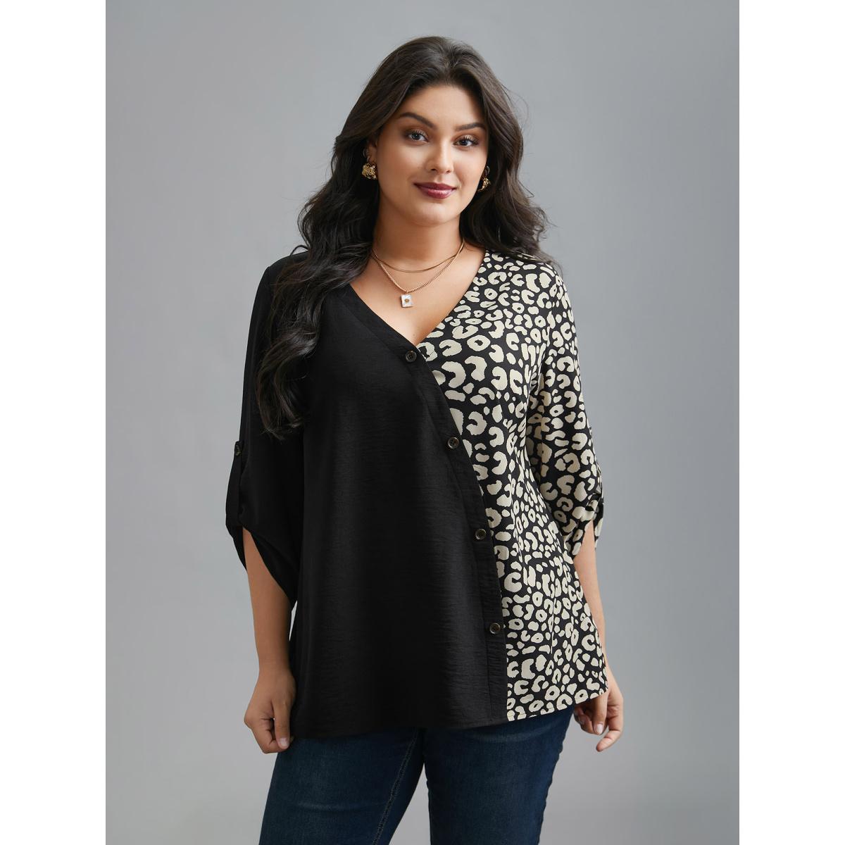 Plus Size Black Leopard Print Spliced Tab Sleeve Blouse Women Elegant Extra Long Sleeve V-neck Everyday Blouses BloomChic 22-24/3X Product Image