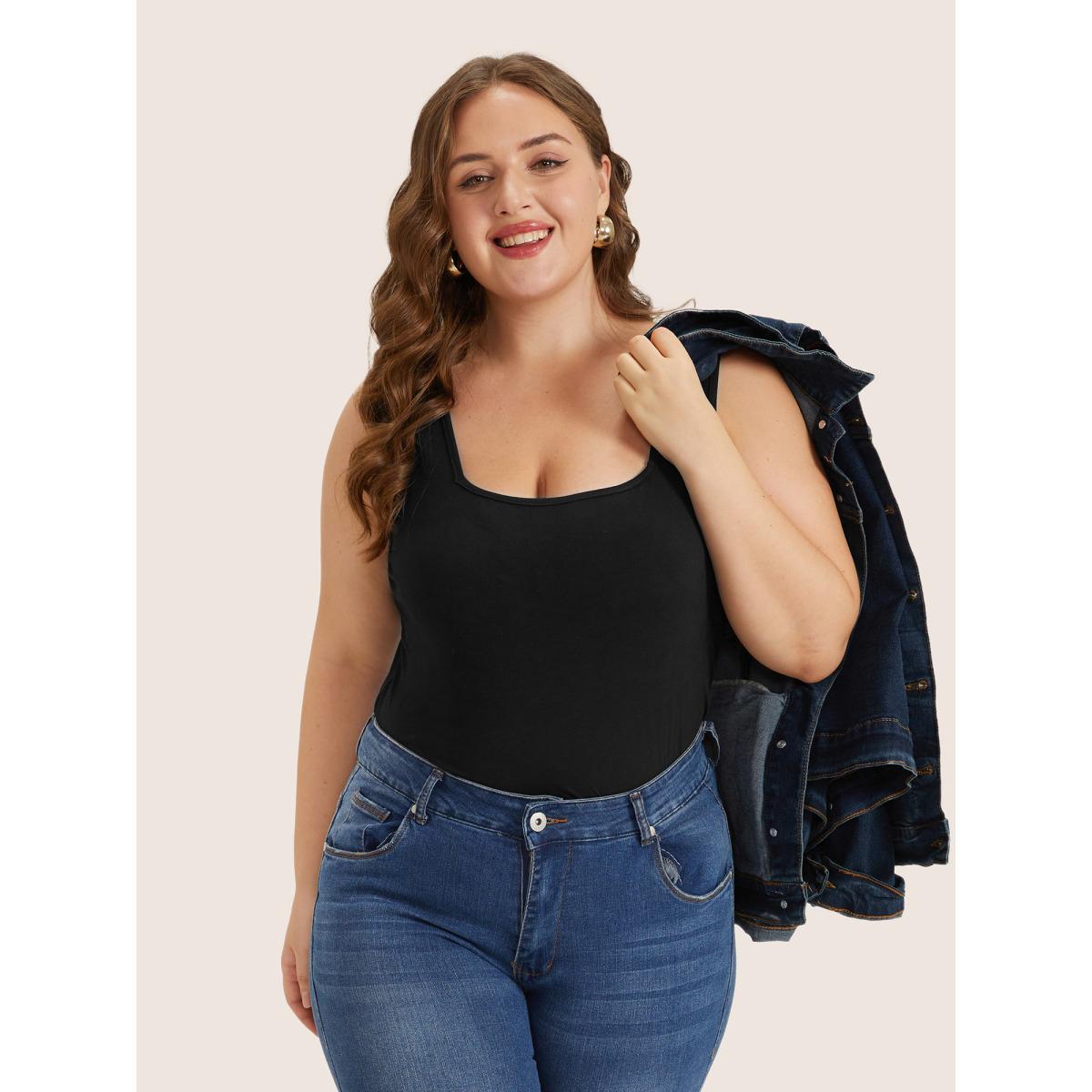 Plus Size Supersoft Essentials Plain Square Neck Skinny Tank Top Women Black Leisure Non Square Neck Casual Tank Tops Camis BloomChic 14-16/1X Product Image