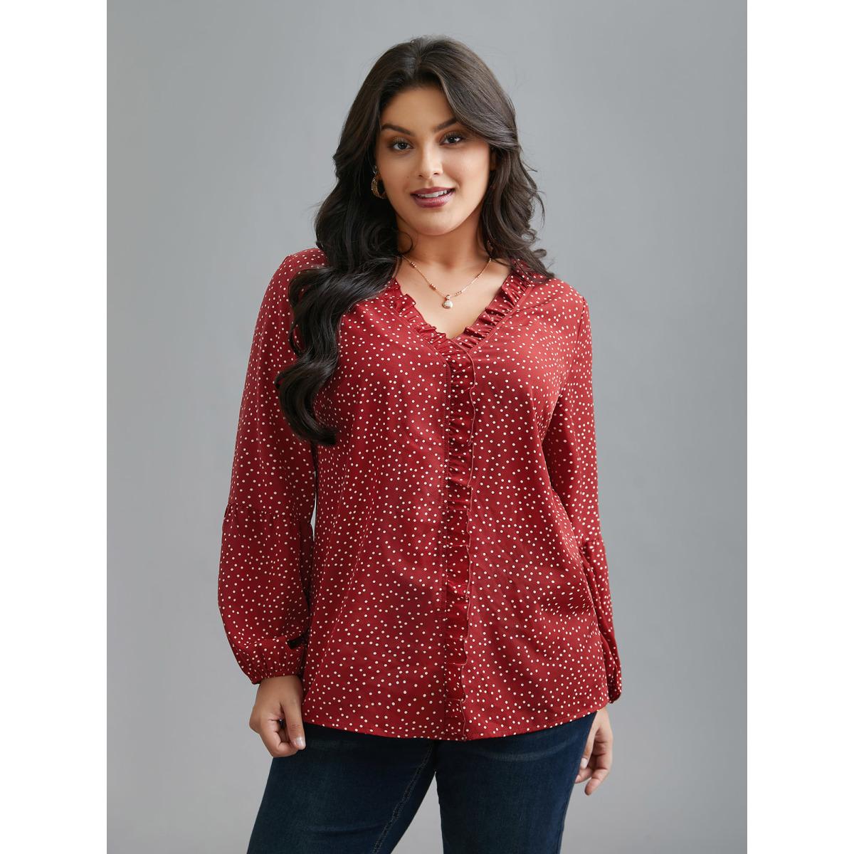 Plus Size Scarlet V-Neck Polka Dot Ruffled Blouse Women Elegant Long Sleeve V-neck Everyday Blouses BloomChic 28/5X Product Image