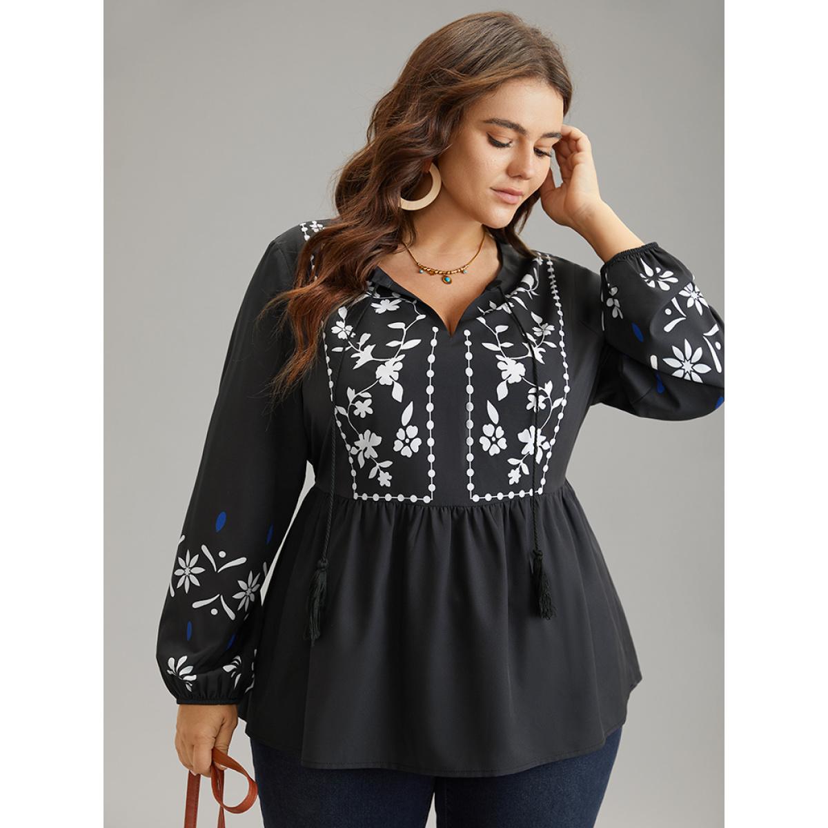 Plus Size Black Boho Print Tie Neck Elastic Waist Tassels Blouse Women Resort Long Sleeve Tie Neck Vacation Blouses BloomChic 26/4X Product Image