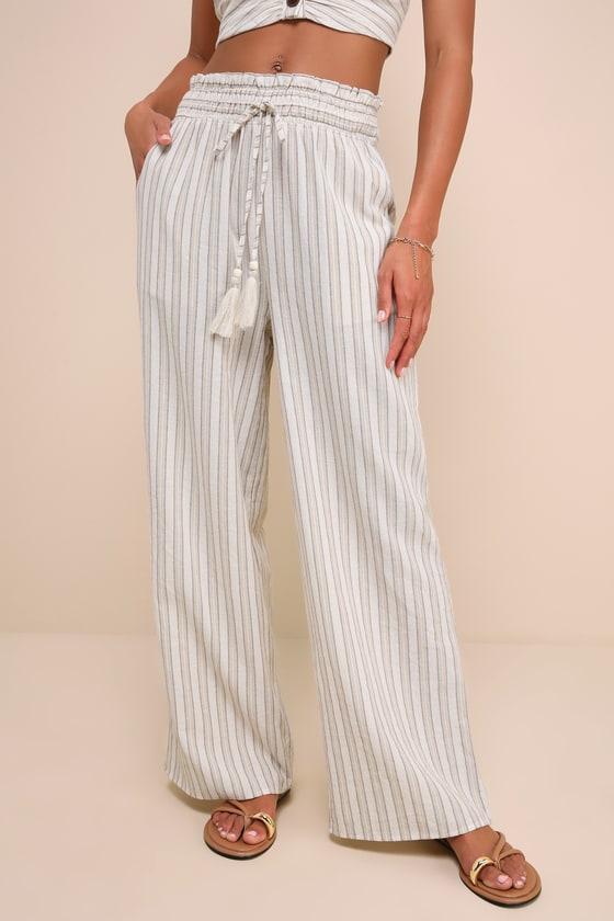 Endless Leisure Beige Multi Striped Smocked Waist Wide-Leg Pants Product Image