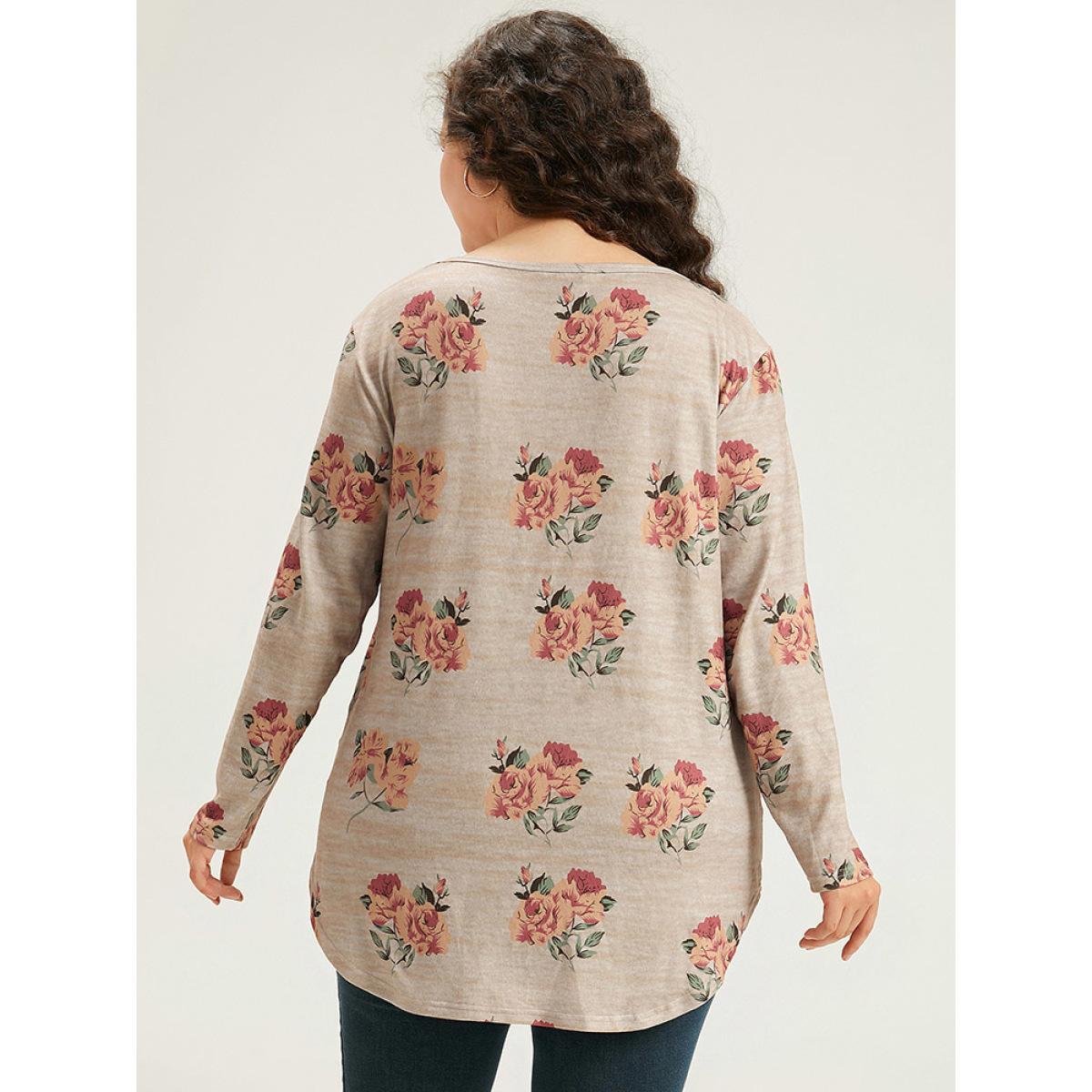 Plus Size Floral Print Crew Neck Heather T-shirt Tan Women Casual Printed Floral Round Neck Dailywear T-shirts BloomChic 10/M Product Image