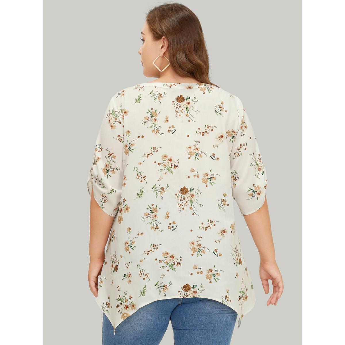 Plus Size White Floral Cuffed Sleeve Hanky Hem Keyhole Neck Blouse Women Elegant Half Sleeve V-neck Dailywear Blouses BloomChic 12/L Product Image