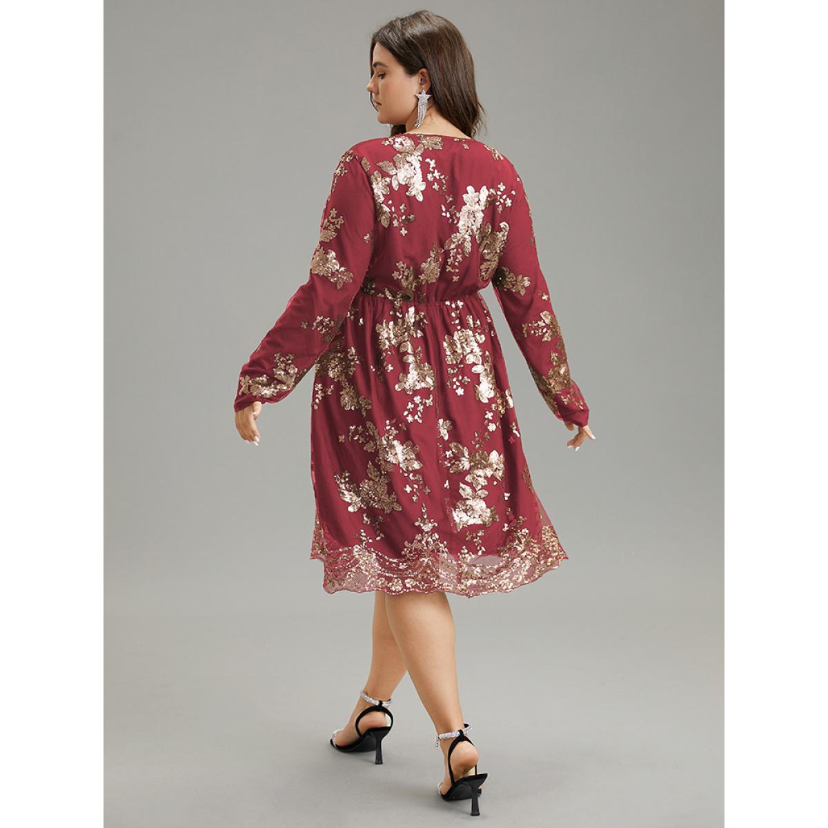 Plus Size Floral Sequin Elastic Waist Mesh Wrap Dress Scarlet Women Party Sequin Overlap Collar Long Sleeve Curvy Midi Dress BloomChic 28/5X Product Image