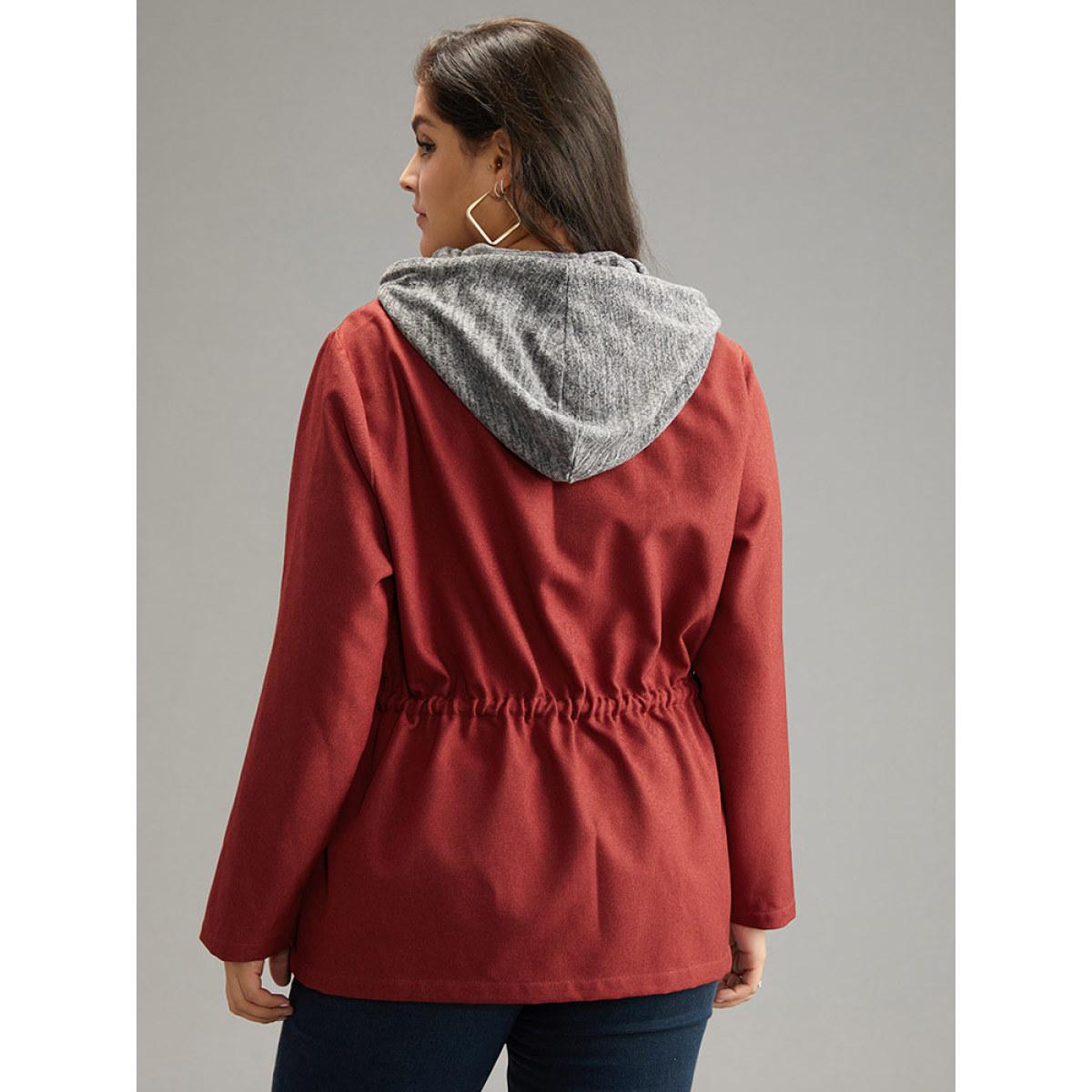 Plus Size Two Tone Hooded Drawstring Zipper Jacket Women Russet Contrast Pocket Everyday Jackets BloomChic 22-24/3X Product Image