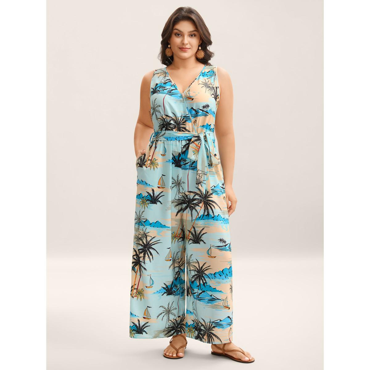 Plus Size Multicolor Tropical Print Stretchy Waist Pockets Jumpsuit Women Sleeveless Overlap Collar Vacation Loose Jumpsuits BloomChic 10/M Product Image