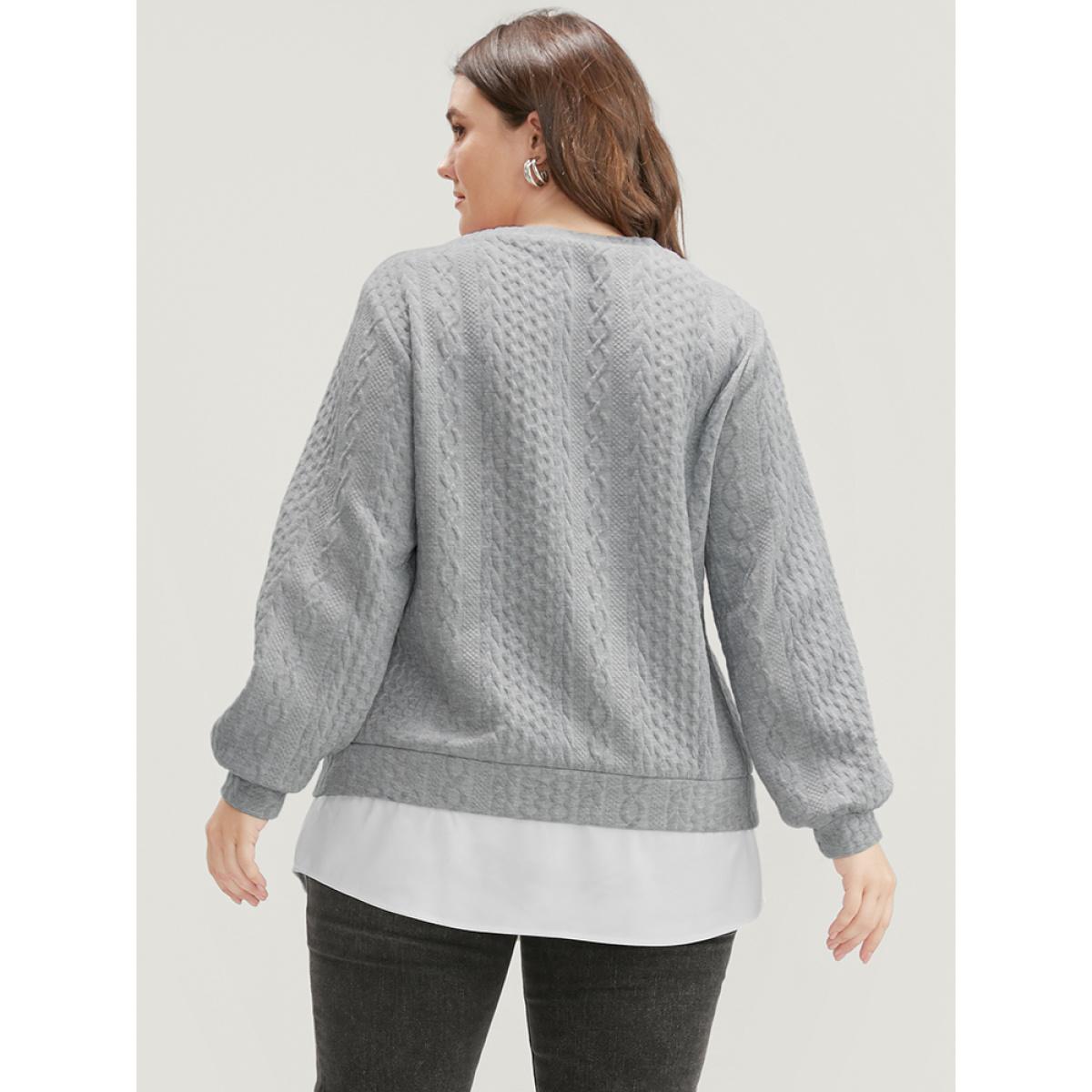 Plus Size Solid Textured Round Neck 2-In-1 Sweatshirt Women Gray Casual Patchwork Round Neck Dailywear Sweatshirts BloomChic 10/M Product Image