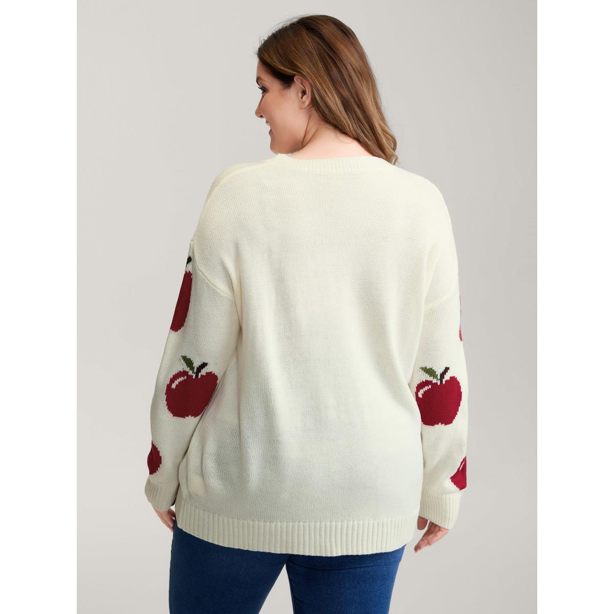 Plus Size Sweet Apple Print Jacquard Print Pullover Ivory Women Playful Loose Long Sleeve Round Neck Casual Pullovers BloomChic 28/5X Product Image