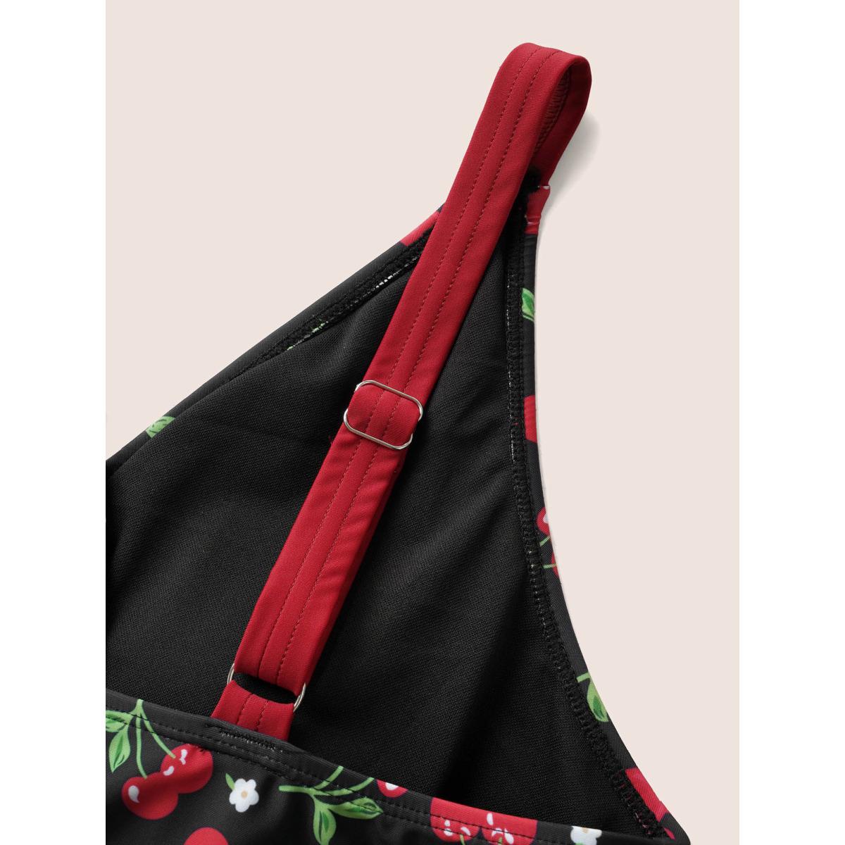 Plus Size Cherry Print Wrap Tie Knot Swim Dress Women's Swimwear Black Beach Bodycon Overlap Collar High stretch Curve Swim Dresses BloomChic 26/4X Product Image