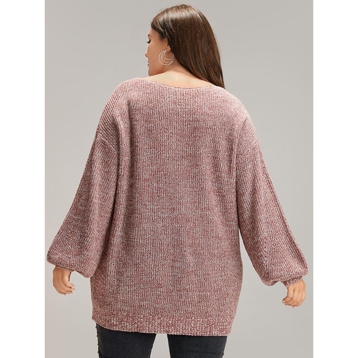 Plus Size Elastic Hem Lantern Sleeve V Neck Pullover Rust Women Casual Loose Long Sleeve V-neck Dailywear Pullovers BloomChic 28/5X Product Image