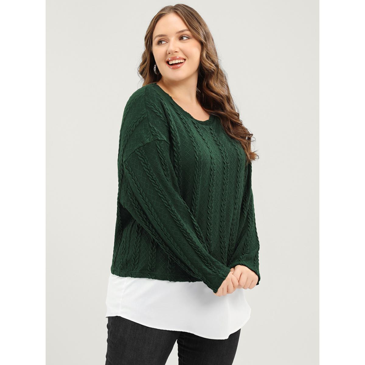 Plus Size Solid Patchwork Textured Asymmetrical Hem 2-In-1 Sweatshirt Women Green Casual Patchwork Round Neck Dailywear Sweatshirts BloomChic 18-20/2X Product Image