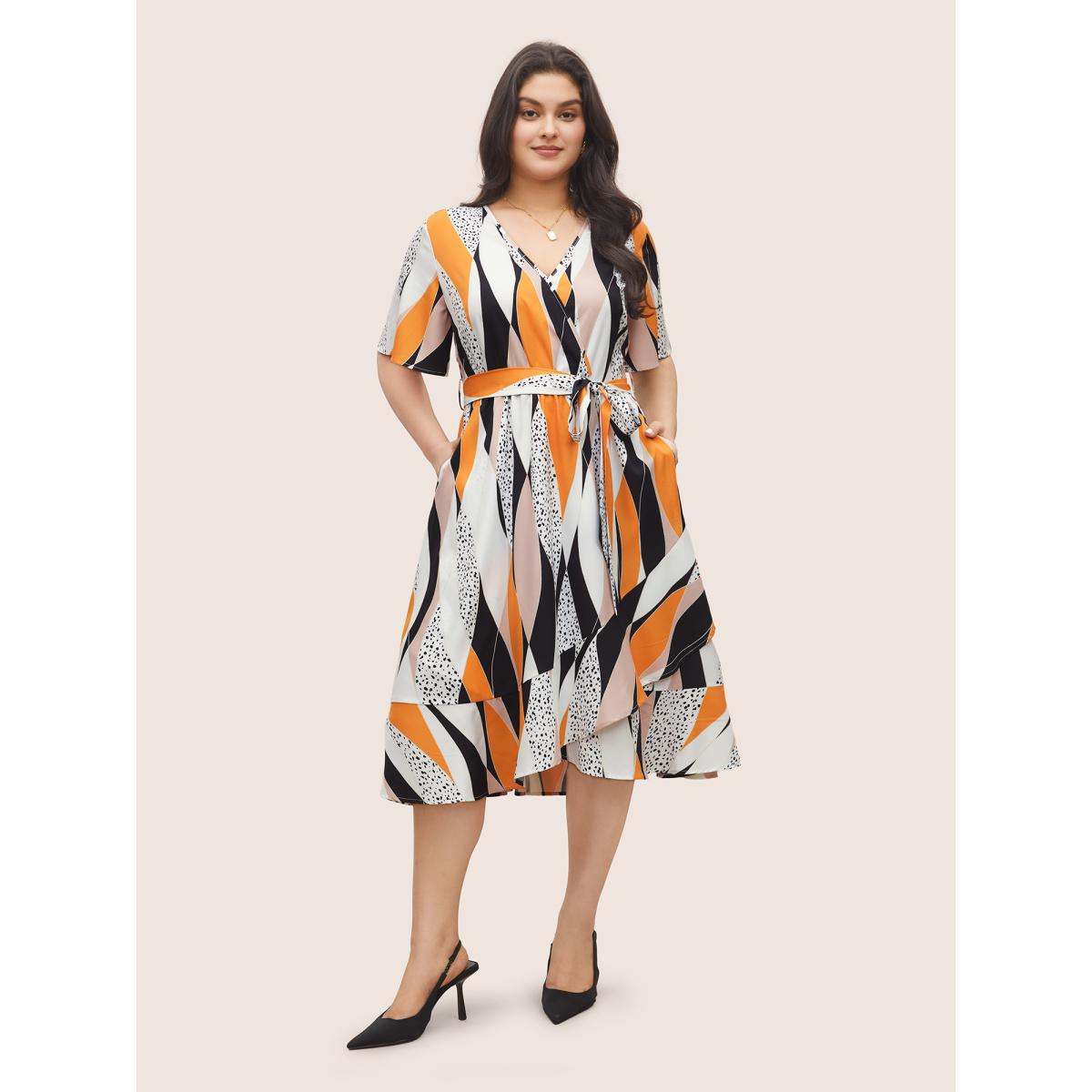 Plus Size Geometric Contrast Overlap Collar Belted Ruffle Sleeve Dress Multicolor Women At the Office Overlapping Overlap Collar Short sleeve Curvy Midi Dress BloomChic 10/M Product Image