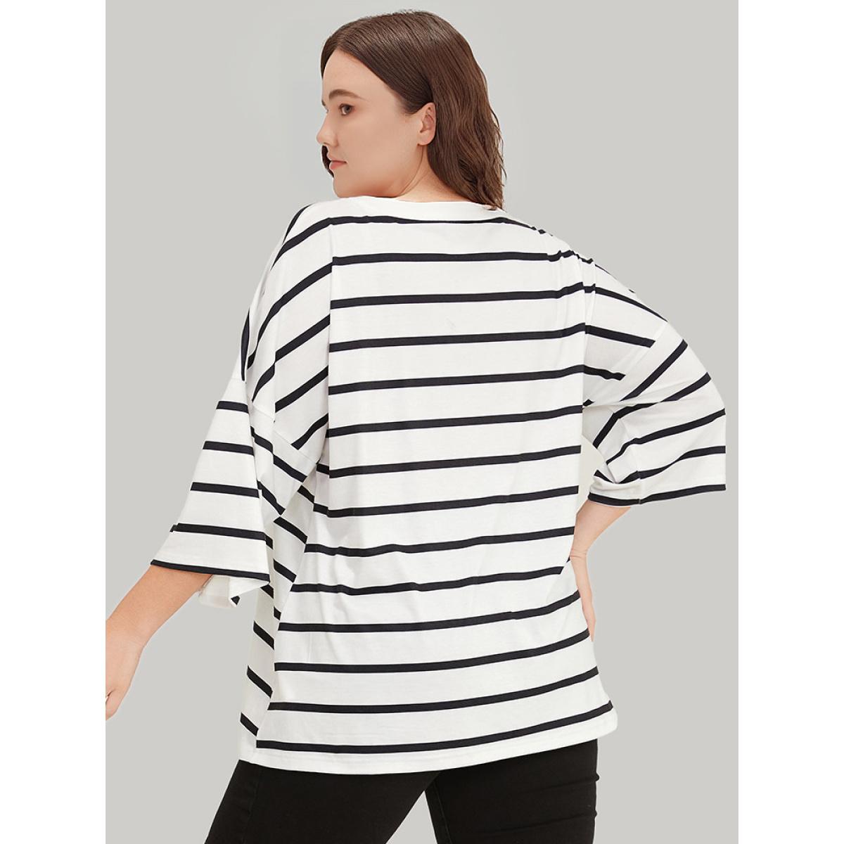 Plus Size Striped Print Button Detail Notched T-shirt White Women Casual Button Striped Notched collar Dailywear T-shirts BloomChic 12/L Product Image