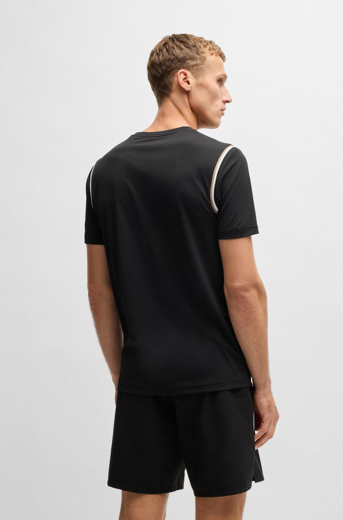 BOSS - Active waffle-structure T-shirt with signature stripes - Black Product Image