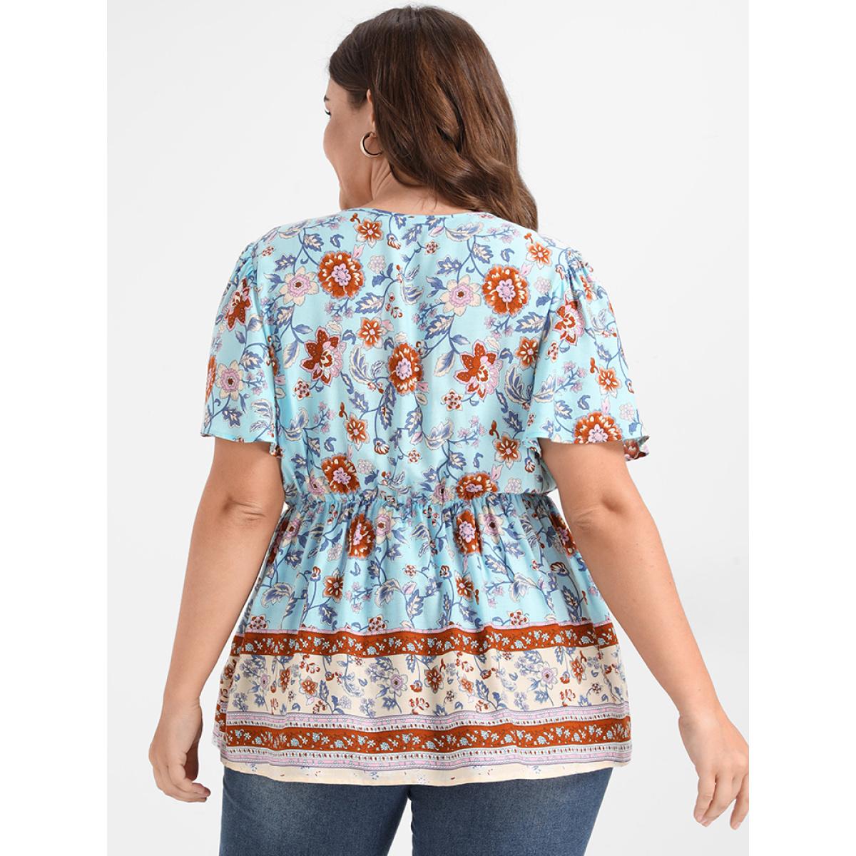 Plus Size LightBlue Floral Ruffled Ties V Neck Blouse Women Vacation Short sleeve V-neck Dailywear Blouses BloomChic 12/L Product Image