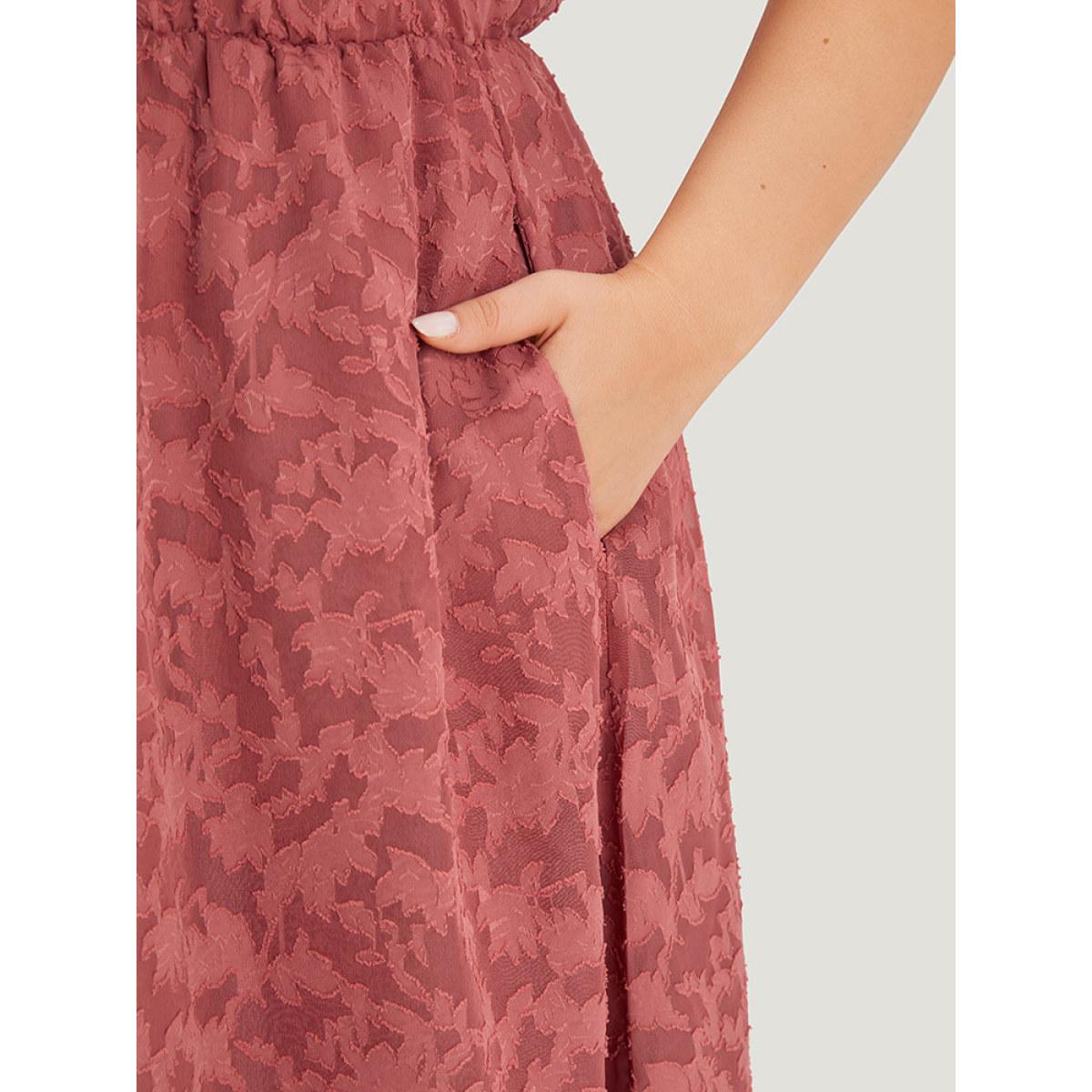 Plus Size Plain Ruffle Trim Pocket Tie Neck Lace Up Dress DustyPink Women Elegant Lined Tie Neck Sleeveless Curvy Midi Dress BloomChic 30/6X Product Image