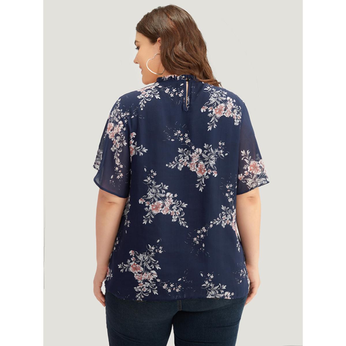 Plus Size Indigo Floral Print Frill Trim Shirred Flutter Sleeve Blouse Women Elegant Short sleeve Round Neck Dailywear Blouses BloomChic 26/4X Product Image
