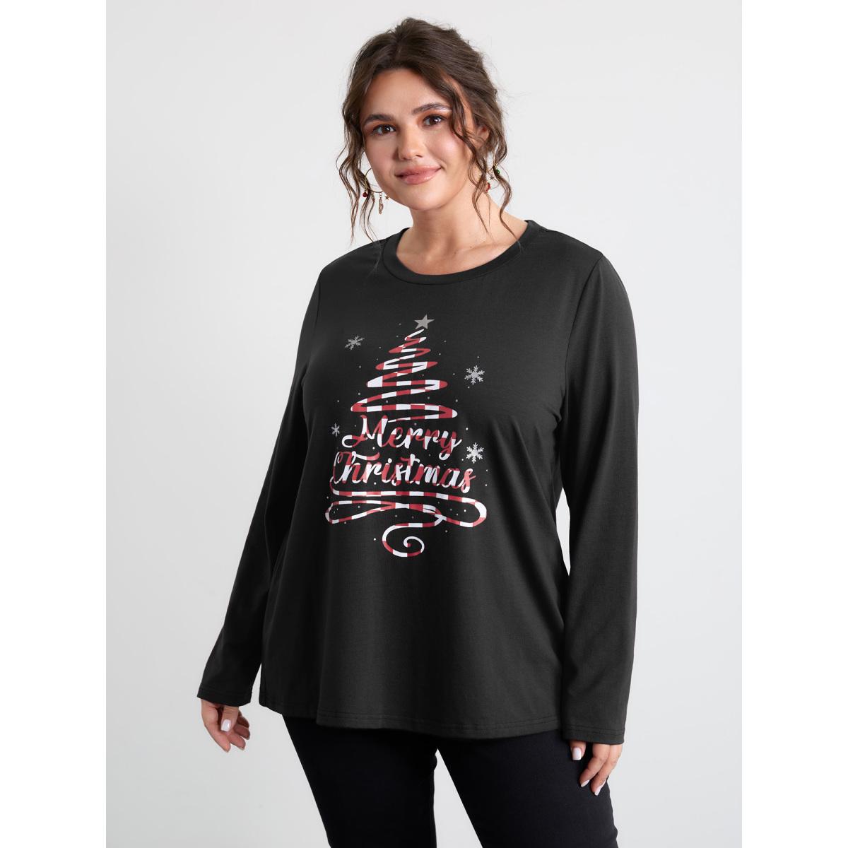 Plus Size Merry Christmas Print Contrast T-Shirt Black Women Leisure Christmas Round Neck Casual T-shirts BloomChic 22-24/3X Product Image