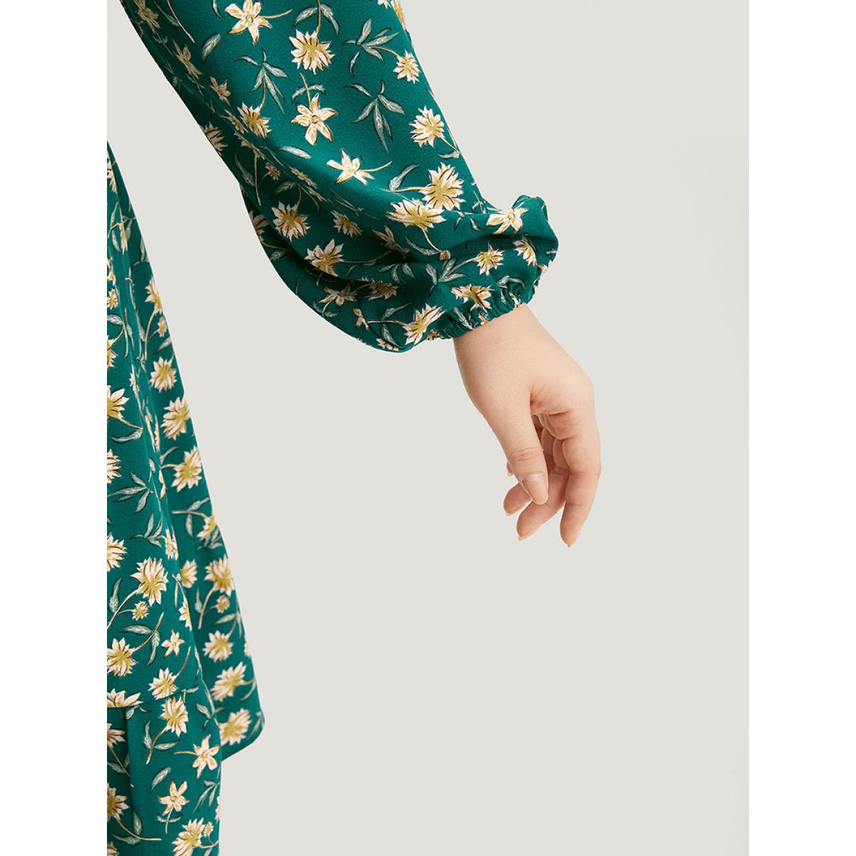 Plus Size Floral Print Surplice Neck Elastic Cuffs Dress Teal Women Elegant Elastic cuffs V-neck Long Sleeve Curvy Midi Dress BloomChic 18-20/2X Product Image