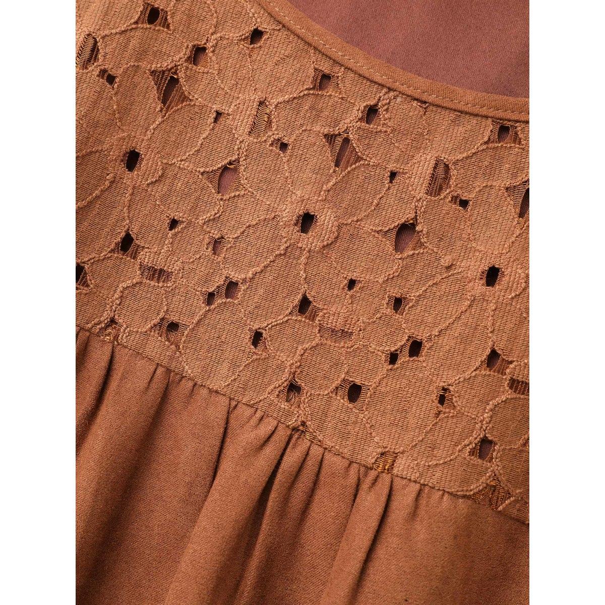 Plus Size Faux Suede Lace Panel Lantern Sleeve Dress Yellowishbrown Women Timeless Texture Round Neck Long Sleeve Curvy BloomChic 30/6X Product Image
