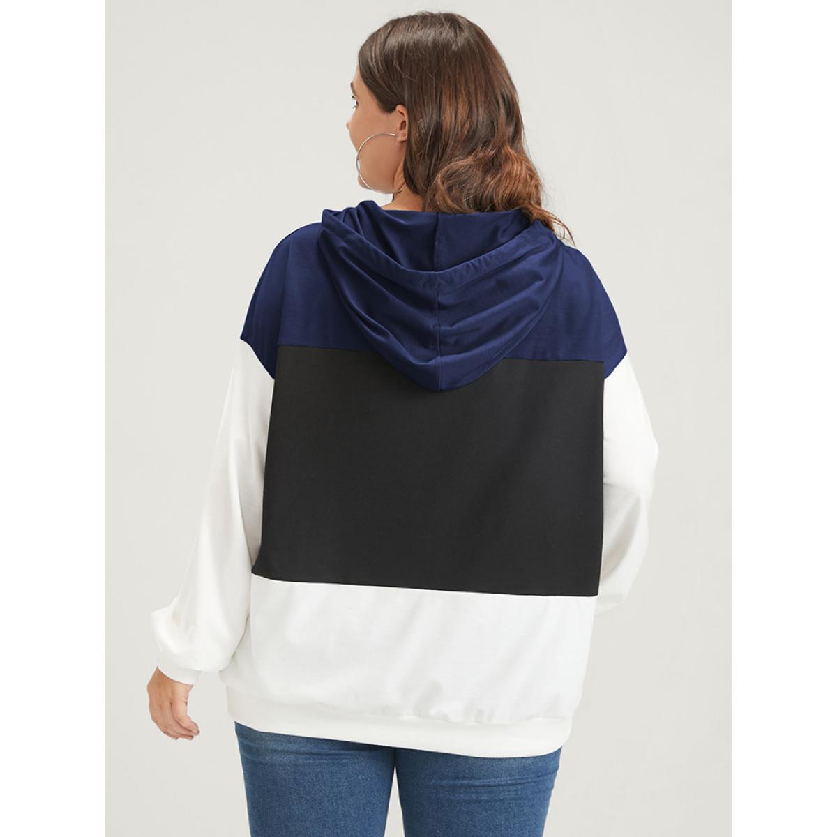 Plus Size Colorblock Contrast Drawstring Pocket Hooded Drop Shoulder Sweatshirt Women DarkBlue Casual Contrast Hooded Dailywear Sweatshirts BloomChic 12/L Product Image