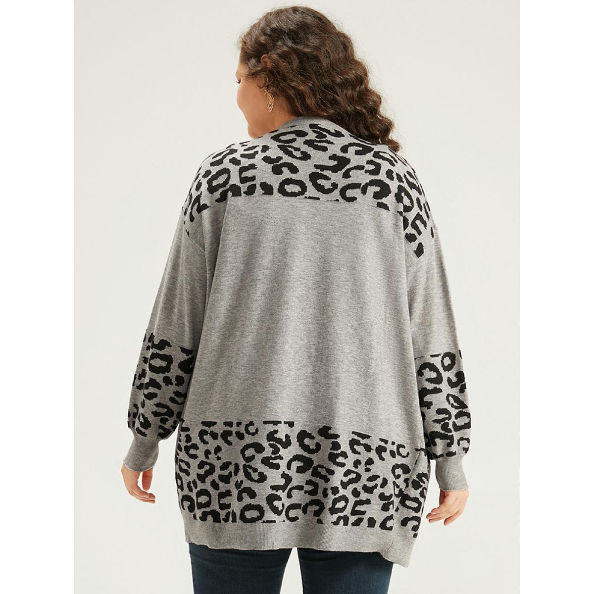 Plus Size Supersoft Essentials Leopard Contrast Elastic Cuffs Pullover DarkGray Women Casual Loose Long Sleeve Dailywear Cardigans BloomChic 28/5X Product Image