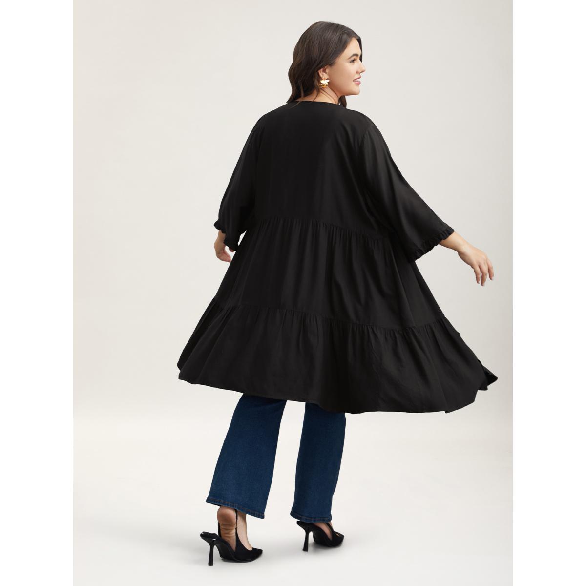 Plus Size Ruffled Open-Front Tiered Kimono Women Black Elegant Gathered Everyday Kimonos BloomChic 22-24/3X Product Image