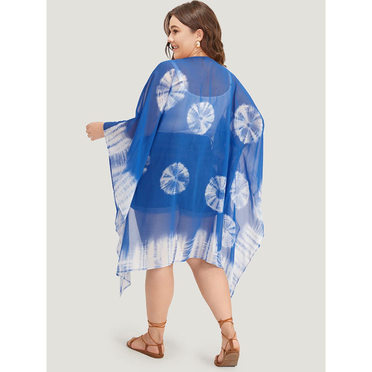 Plus Size UltraCool Tie Dye Asymmetrical Hem Open Front Kimono Women DarkBlue Casual Drape Loose Dailywear Kimonos BloomChic 18-20/2X Product Image