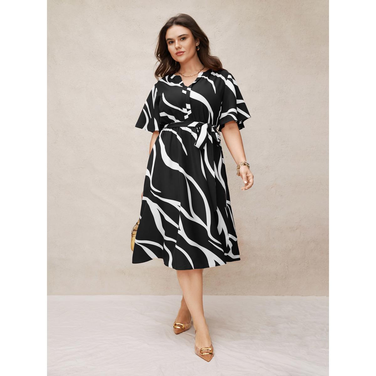 Plus Size Geometric Surplice Neck Tie Knot Midi Dress Black Women At the Office Belted Flat collar with V-notch Short sleeve Curvy BloomChic 12/L Product Image