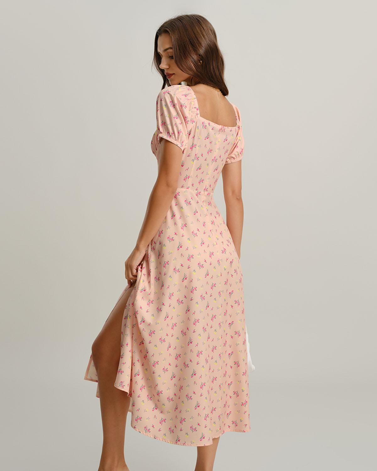Pink Floral Square Neck Puffed Sleeve Midi Dress Product Image