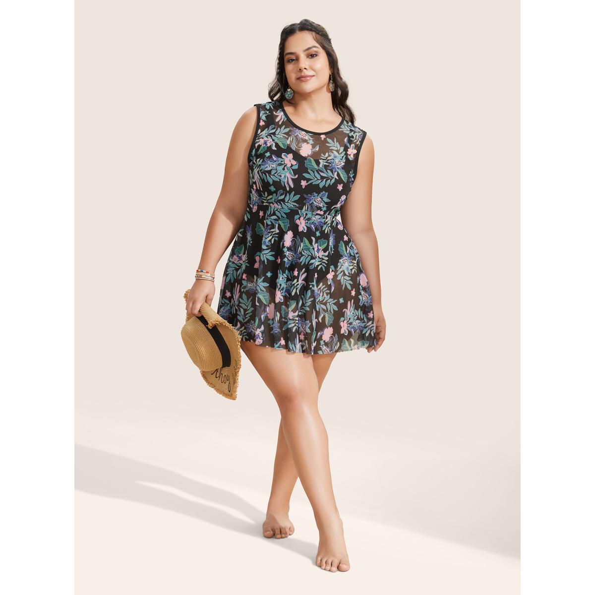 Plus Size U Neck Tropical Print See Through Swim Dress Women's Swimwear Black Beach Bodycon U-neck High stretch Curve Swim Dresses BloomChic 22-24/3X Product Image