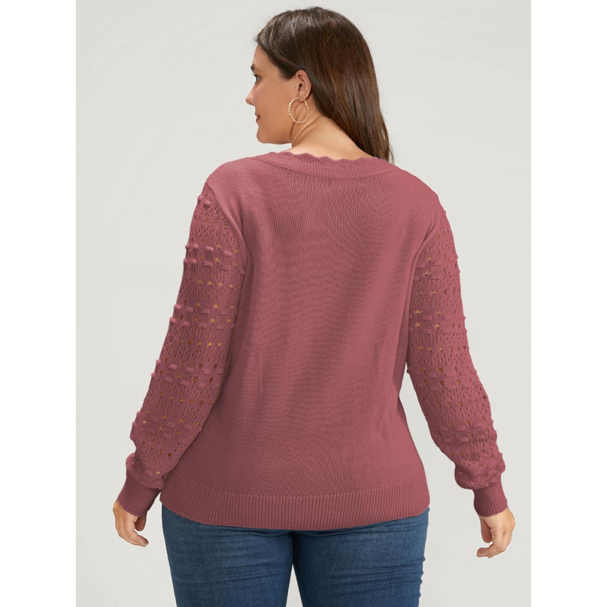 Plus Size Solid Pointelle Knit Scalloped Trim V Neck Crochet Knit Top Russet Women Elegant Long Sleeve V-neck Dailywear Pullovers BloomChic 18-20/2X Product Image