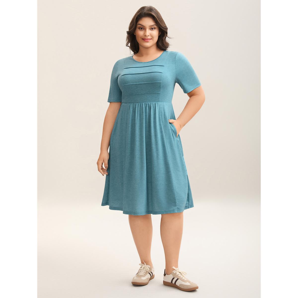 Plus Size Seam Bodice Heather Knit Plain Midi Dress Cerulean Women Knit Dresses Bloomchic 14-16/1X Product Image