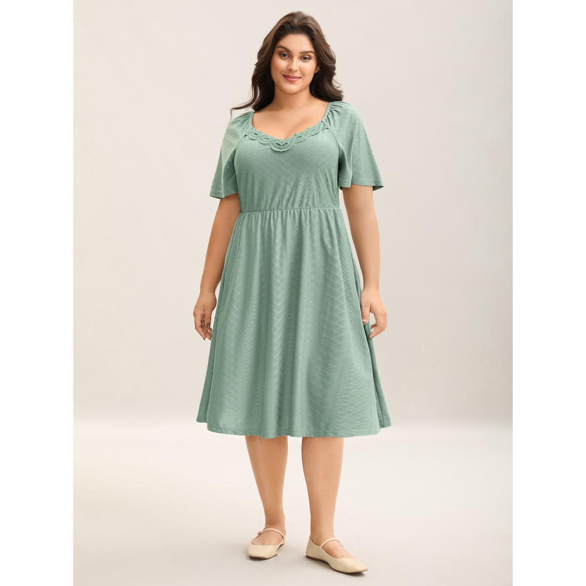 Plus Size Textured Knit Sweetheart Neckline Midi Dress Sage Women Casual Woven ribbon&lace trim Heart neckline Short sleeve Curvy BloomChic 18-20/2X Product Image
