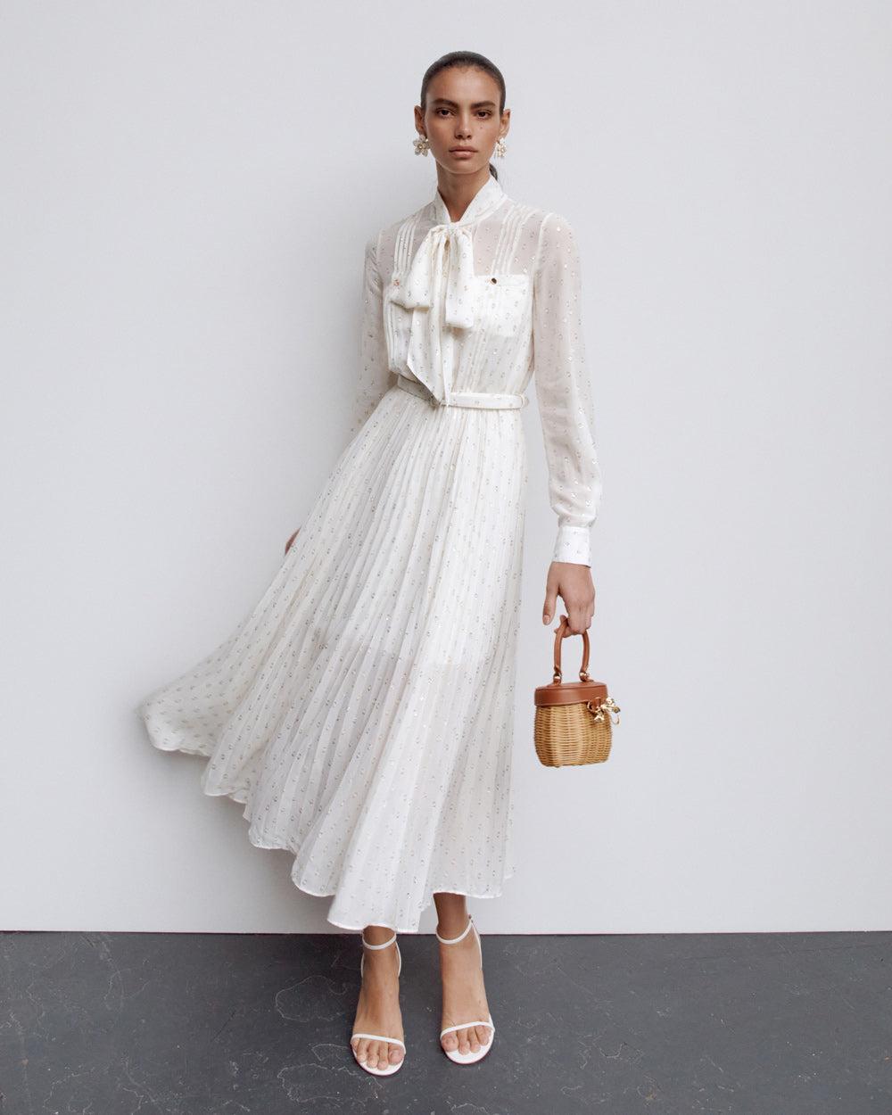 Cream And Gold Pussy Bow Midi Dress Product Image