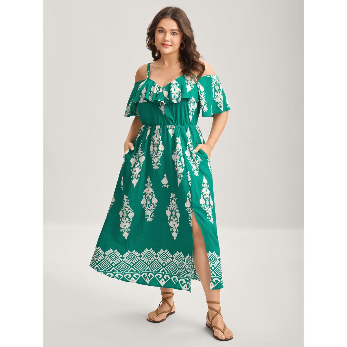 Plus Size Rayon Boho Print Slit Pockets Midi Dress Emerald Women Overlap Collar Short sleeve Curvy BloomChic 26/4X Product Image