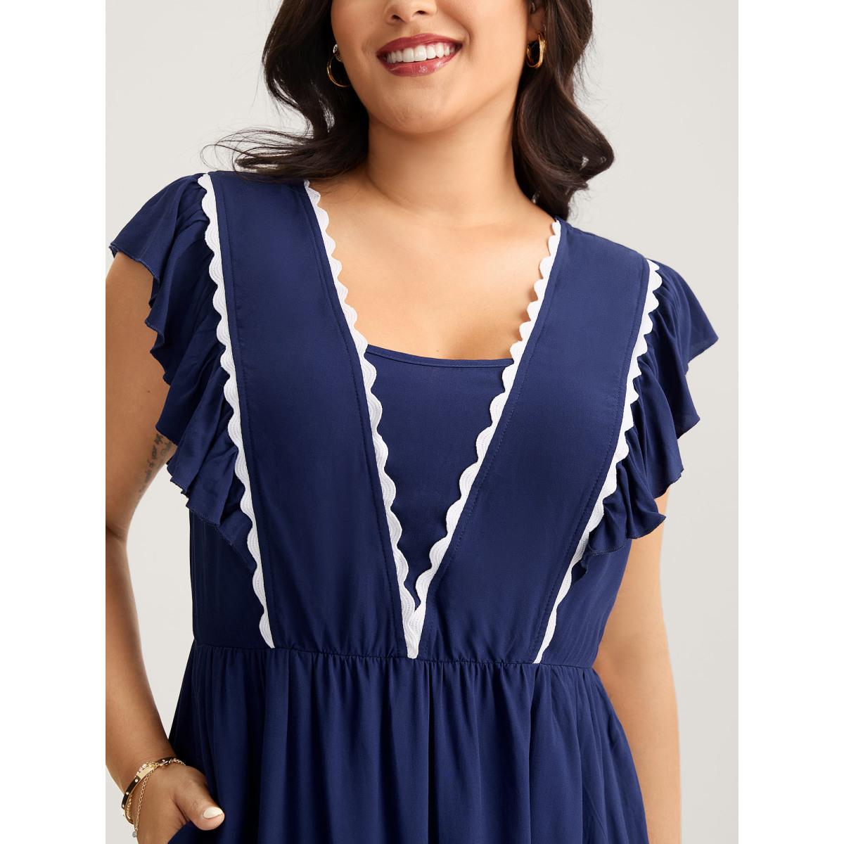 Plus Size Rayon Collar Ribbon Contrast Pockets Midi Dress Indigo Women V-neck Cap Sleeve Curvy BloomChic 22-24/3X Product Image