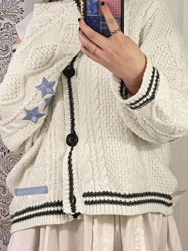 Oversize Star Embroidered Cable Knit Cardigan Product Image