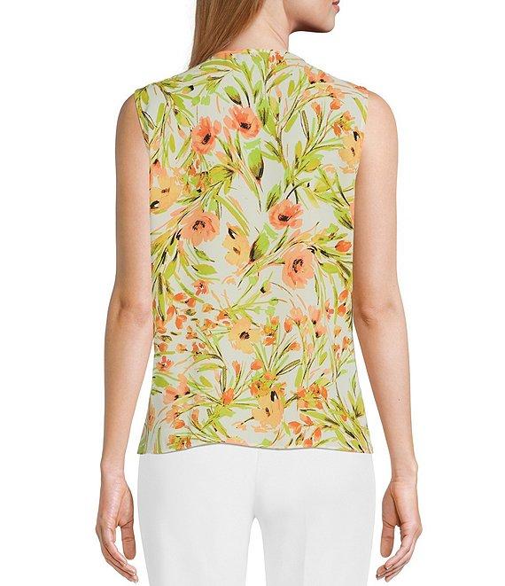 Kasper Petite Size Floral Print Sleeveless Pleated Shoulder V-Neck Top Product Image