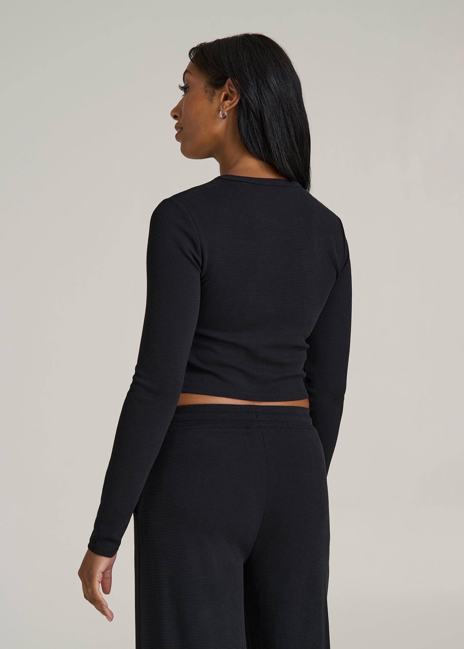 Cropped Long Sleeve Waffle Shirt for Tall Women in Black Female Product Image