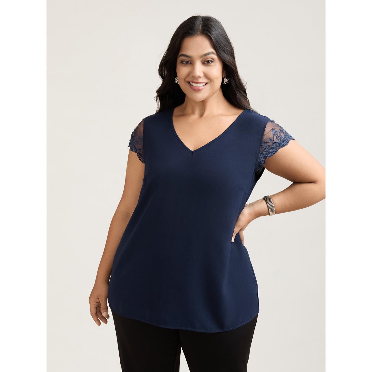 Plus Size Indigo Back Lace Sheer Sleeve Solid Shirt Women Elegant Cap Sleeve V-neck Everyday Blouses BloomChic 18-20/2X Product Image