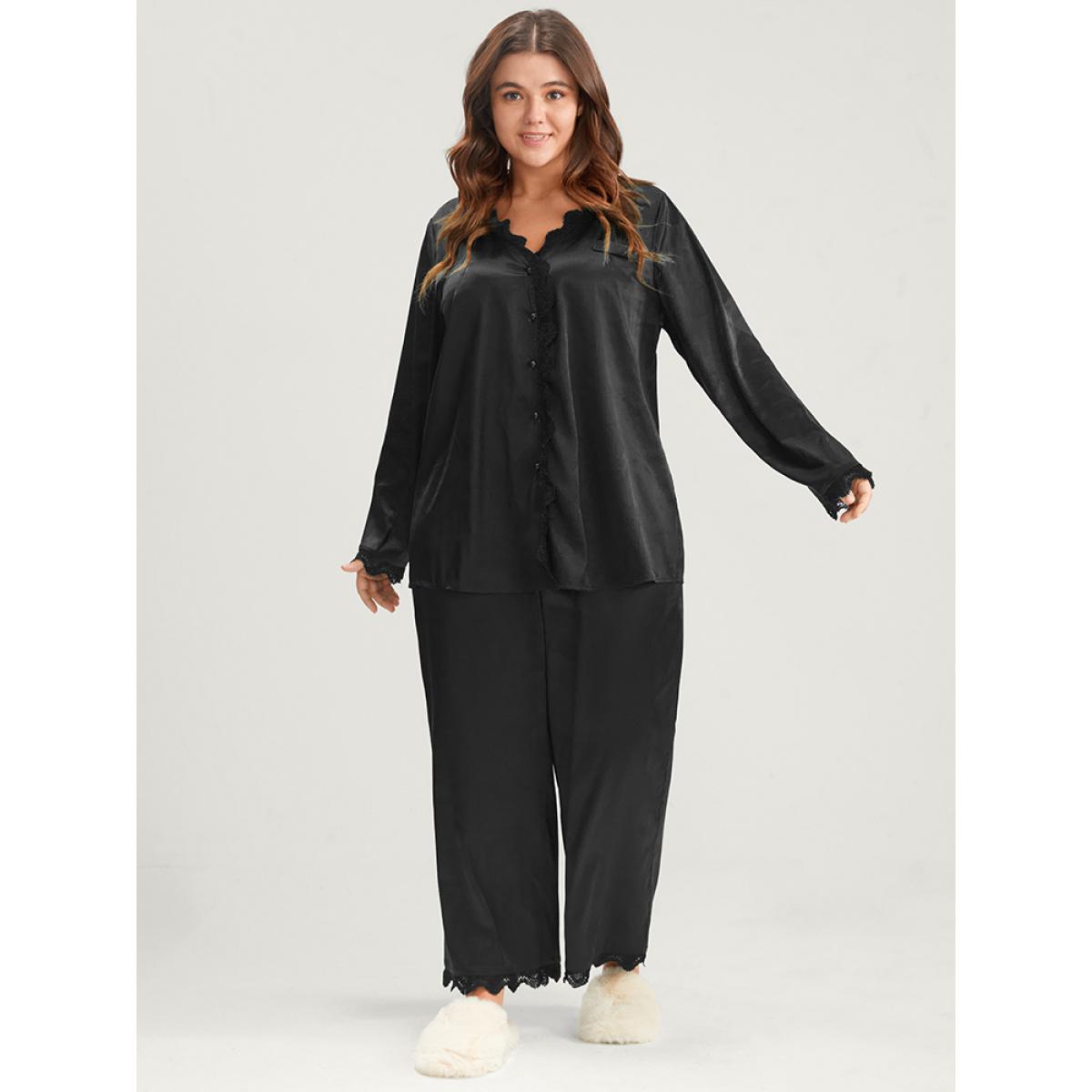Plus Size Solid Button Up Lace Trim Satin Pajama Set Women Black Plain Long Sleeve V-neck Casual Loungewear Sets BloomChic 10/M Product Image
