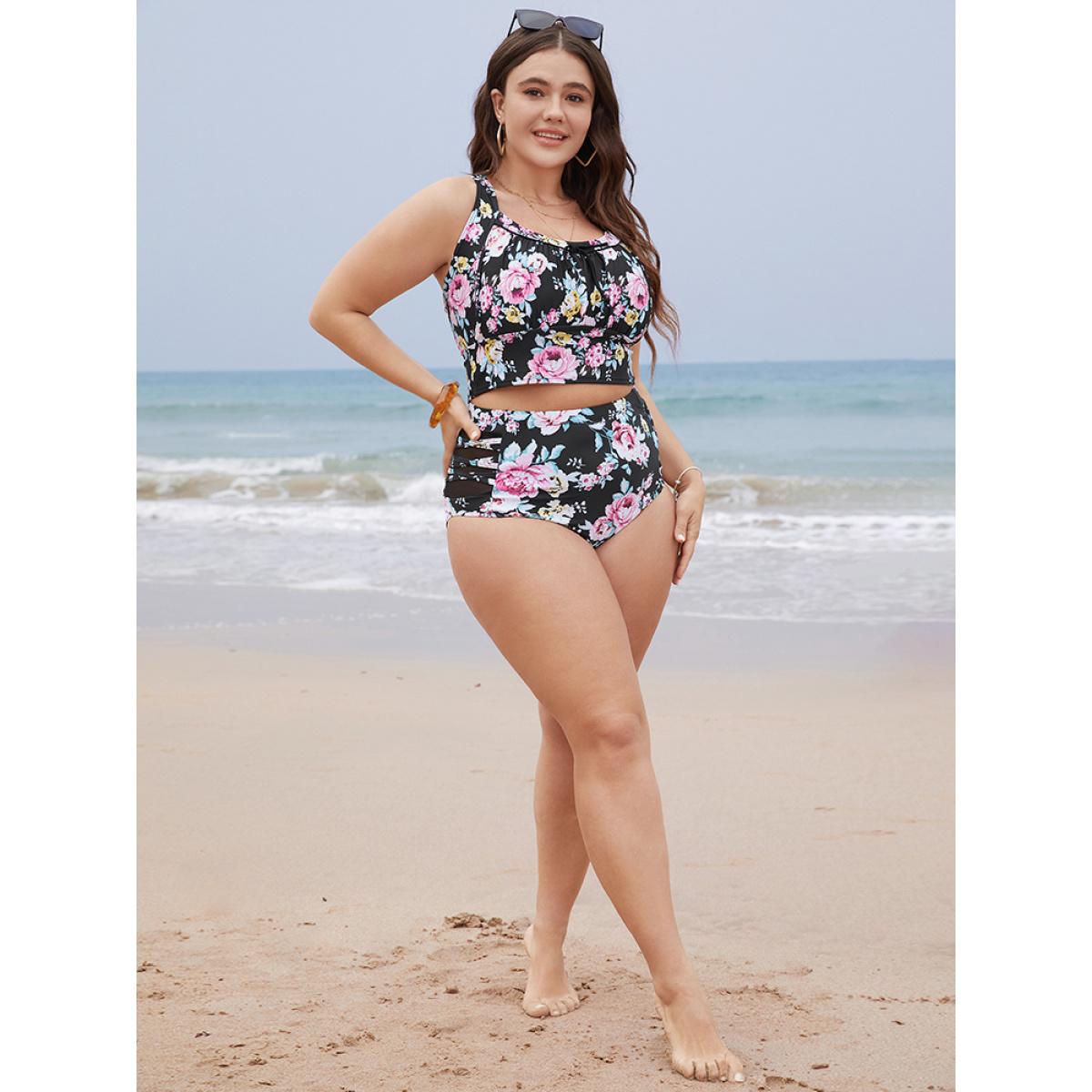 Plus Size Floral Ruched Knotted Crossover Back Tankini Top Women's Swimwear BlackFlower Vacation Adjustable Straps High stretch Skinny Curve Swim Tops BloomChic 14-16/1X Product Image