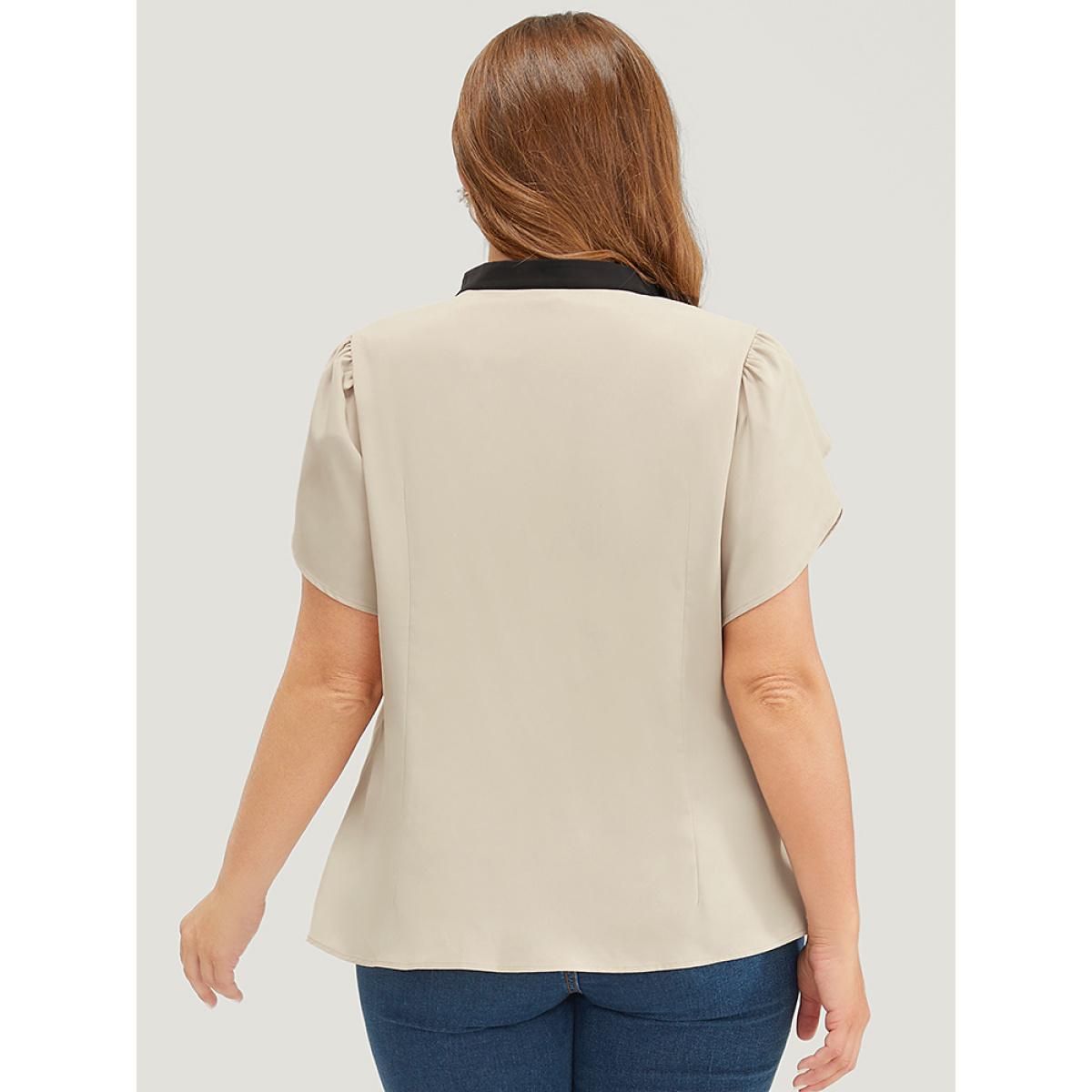 Plus Size Champagne Plain Contrast Trim Split Petal Sleeve Blouse Women Office Short sleeve Stand-up collar Dailywear Blouses BloomChic 10/M Product Image