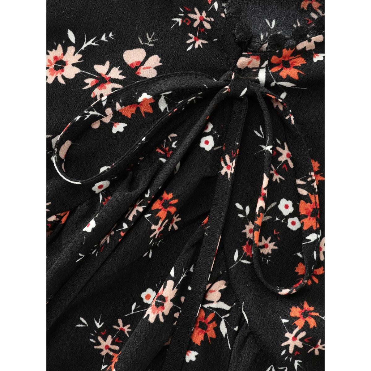 Plus Size BlackFlower Floral Print Lace Cinched-Flared Blouse Women Timeless Long Sleeve V-neck Elegant Blouses BloomChic 18-20/2X Product Image