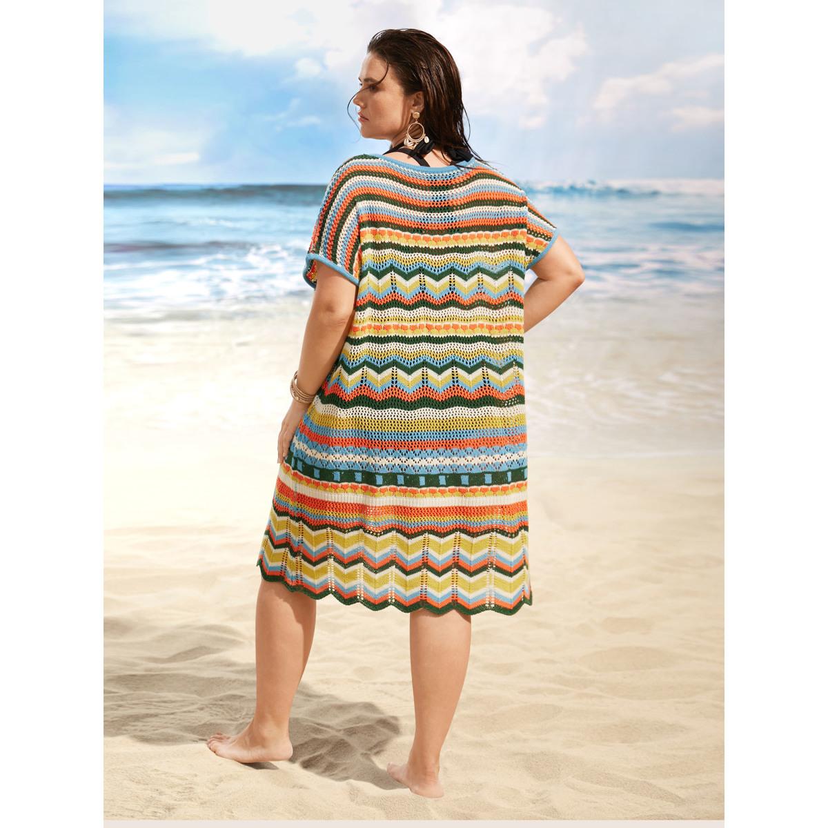 Plus Size V Neck Contrast Striped Batwing Sleeve Swim Cover Up Women's Swimwear Multicolor Beach Loose Texture Curve Swim Cover Ups BloomChic 22-24/3X Product Image